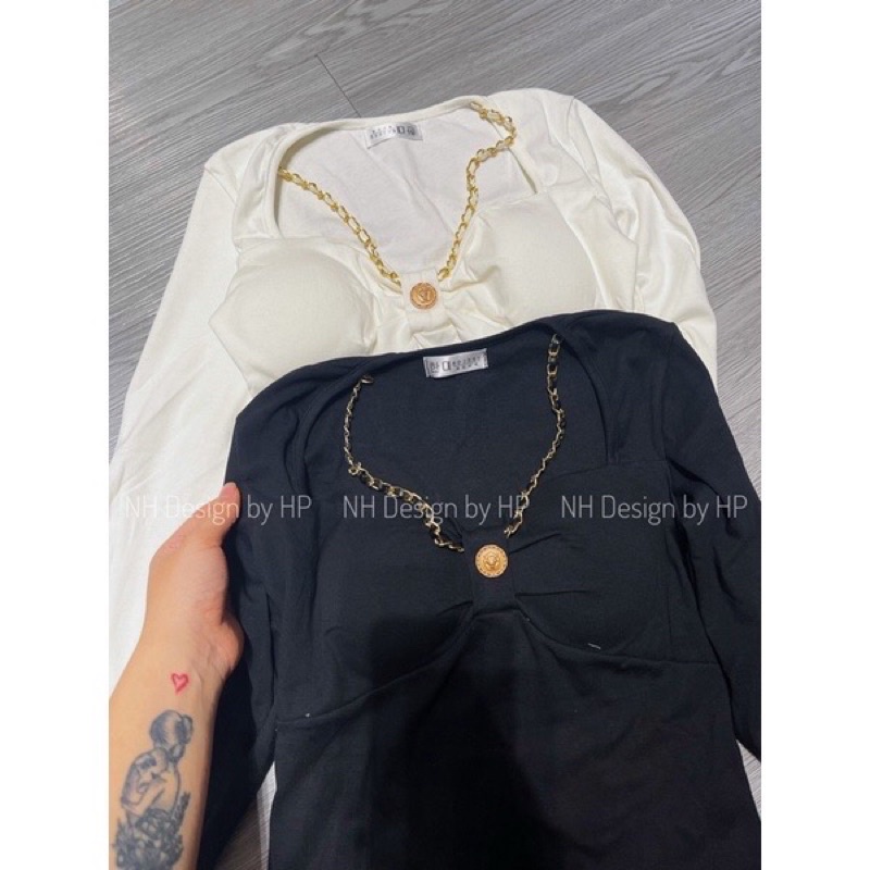 Áo croptop nữ body tay dài phối xích nơ ngực vải cotton A791
