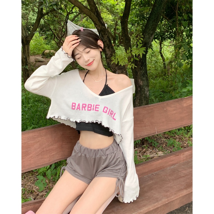 HUANG YOYO Set Đồ Hai Mảnh Gồm Áo Thun Cổ Chữ V Tay Ngắn Chống Nắng Phiên Bản Hàn Quốc Thời Trang Cho Nữ