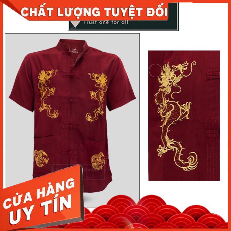 HÀNG CAO CẤP -  Áo Sơ Mi Nam Trung Niên Đại Gia Cổ Tàu, Chất Vải Đũi, Thêu Rồng Phụng Cao Cấp  - Hàng Cao Cấp