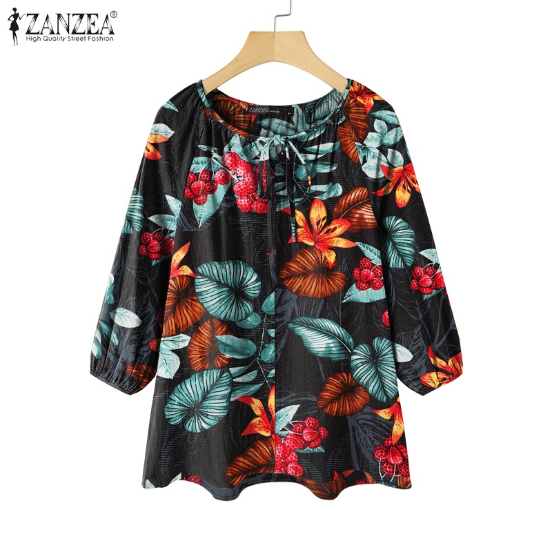 ZANZEA Áo Kiểu Cổ Tròn Tay 3/4 In Họa Tiết Chiếc Lá Thời Trang Cho Nữ