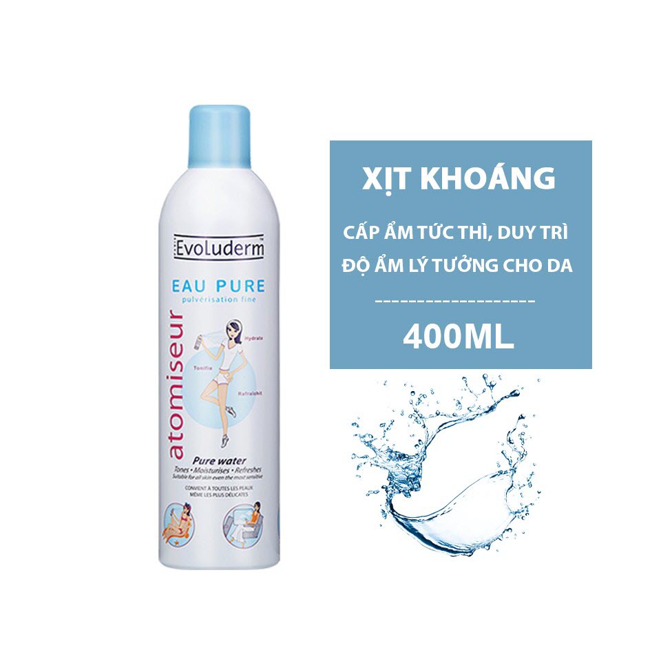 [Hàng Pháp]  Xịt khoáng cấp ẩm làm dịu da Evoluderm 150ml, 400ml chính hãng