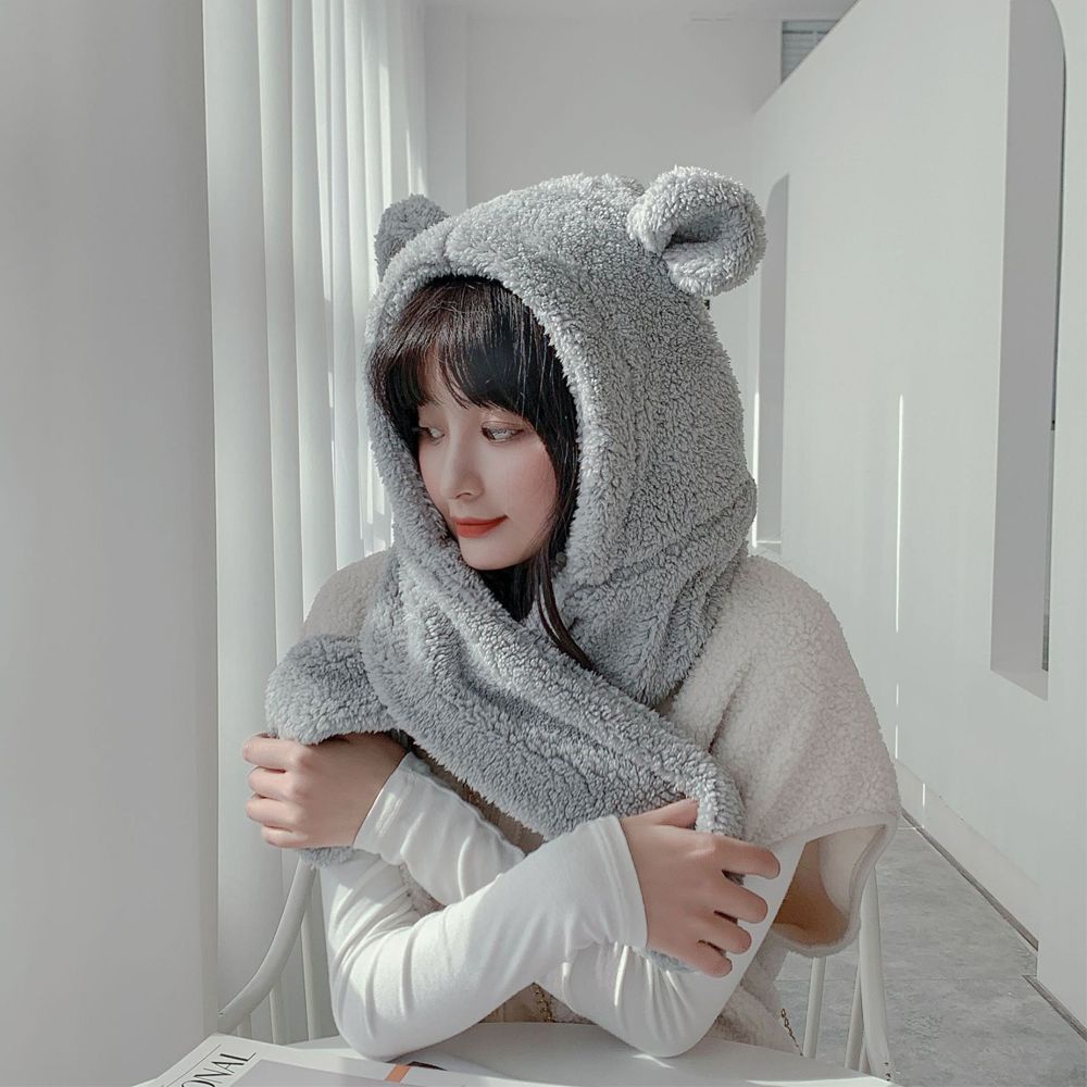 Nón trùm đầu kiêm khăn choàng cổ giữ ấm tai gấu dễ thương thời trang mùa đông cho nữ