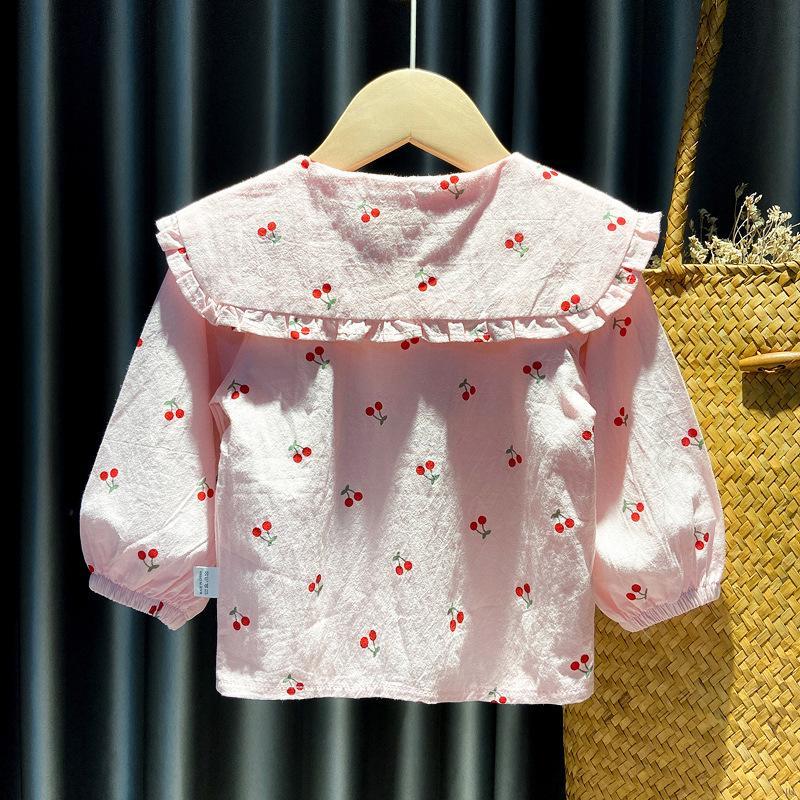 IU Autumn Baby Girl Cute Cherry Print Doll Collar Design Blouse Casual Kids Sweet Long Sleeve Clothes