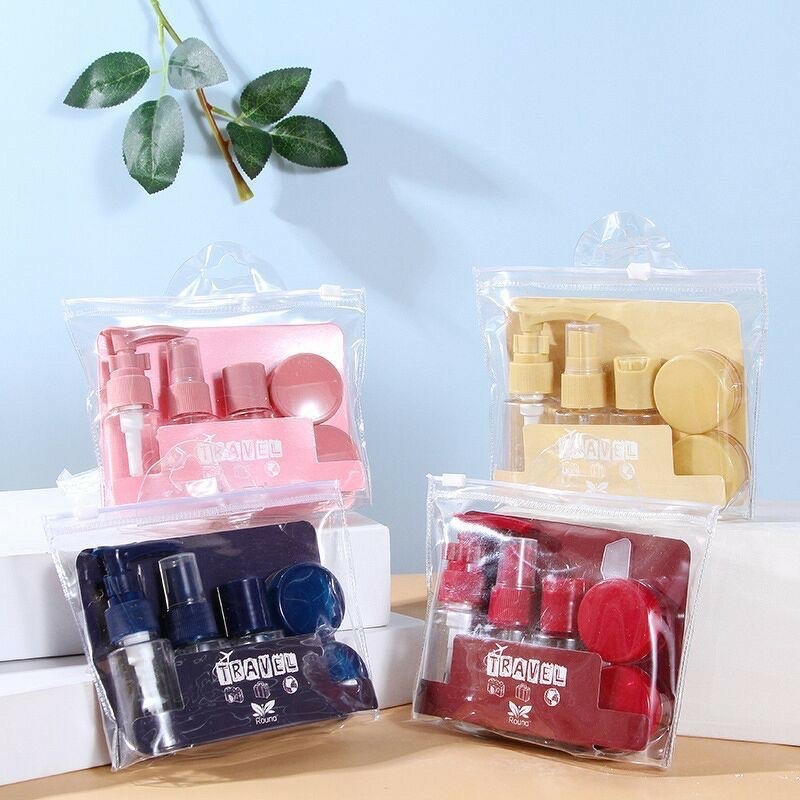 Bộ chiết mỹ phẩm mini du lịch bằng nhựa đựng trong túi zip kéo khóa tiện lợi nhiều màu sắc 6 món