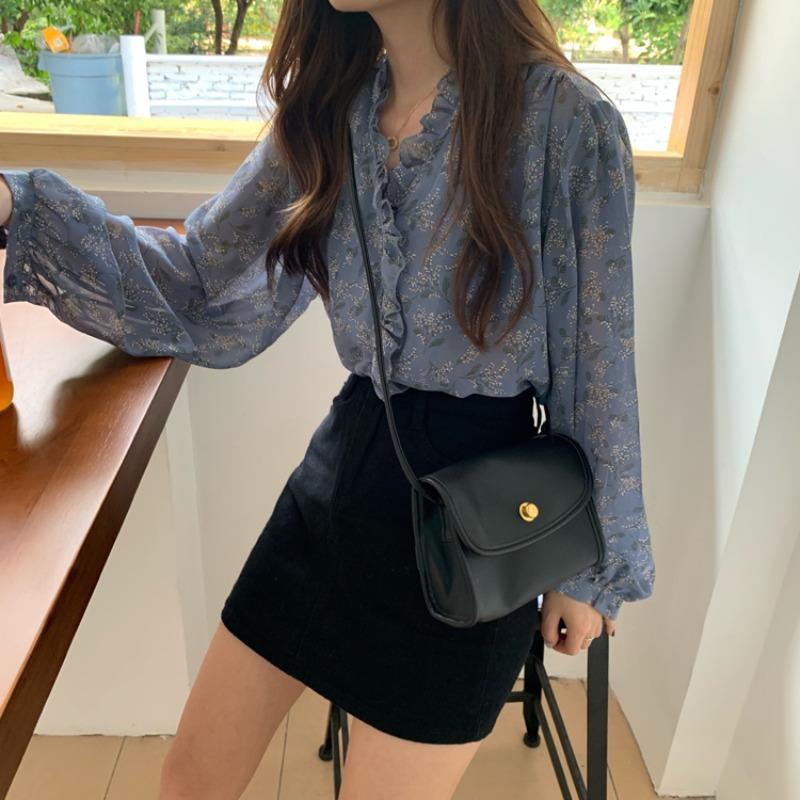 Áo Sơ Mi Voan Tay Dài Cổ V Họa Tiết Hoa Thời Trang Xuân Thu 2021 Cho Nữ