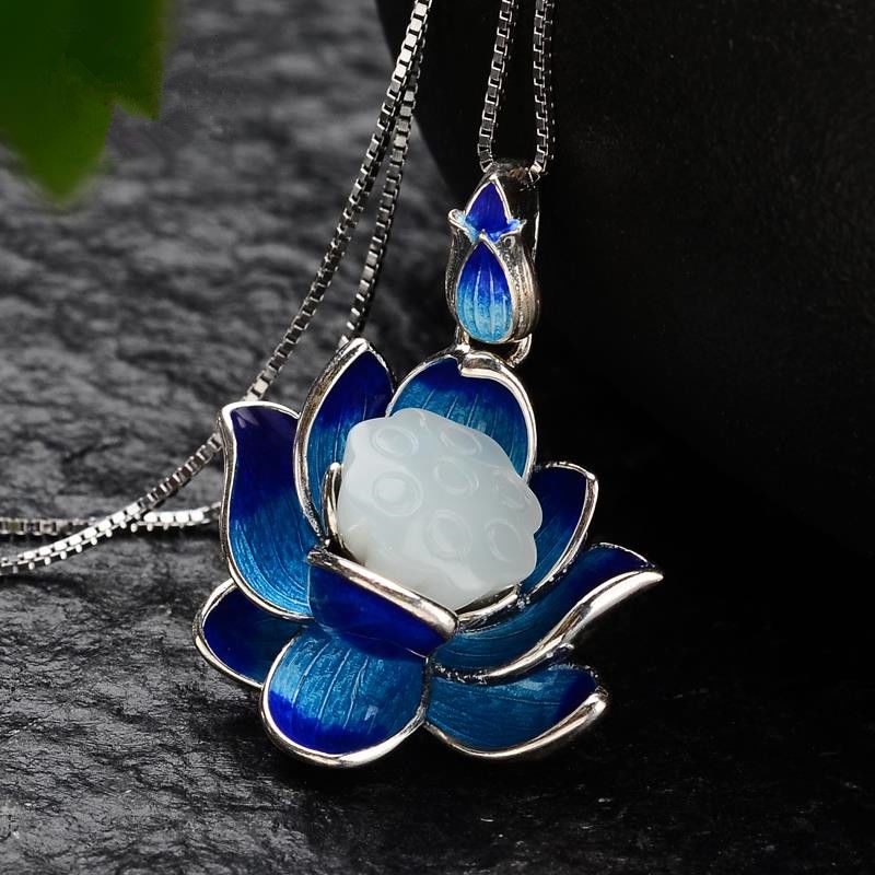 Cloisonne Vòng cổ Mặt Hoa Sen Đá Ngọc Bích Trắng Phong Cách retro