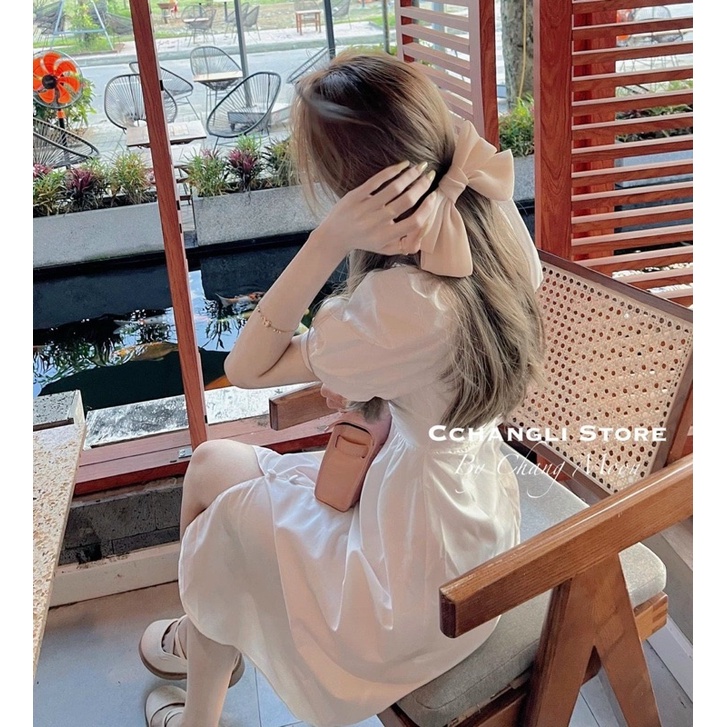 ĐẦM CỔ V MIDI NÚT BỌC TAY BÚP