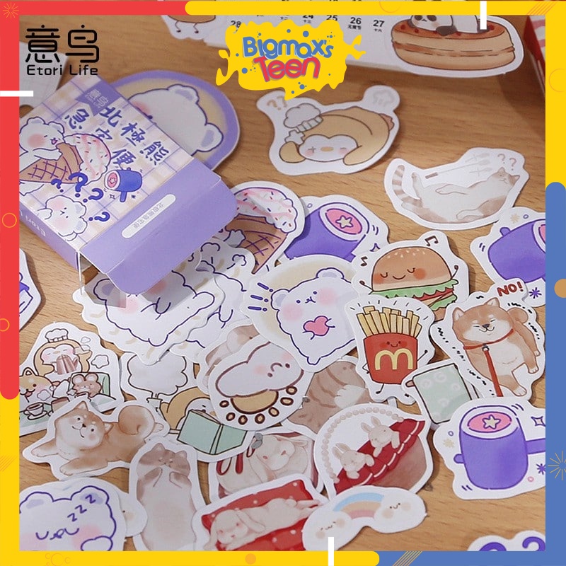 Sticker cute Hộp 45 nhãn dán hình Gấu Trắng Gấu Trúc Cánh cụt Shiba inu hộp giấy trang trí ốp điện thoại