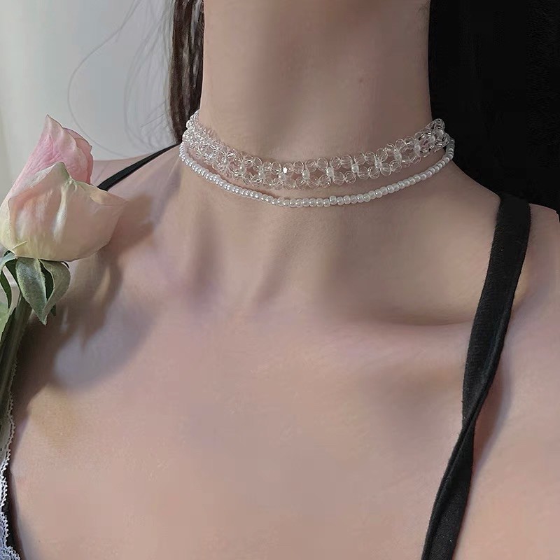 Vòng cổ 2 kết hợp giữa hạt trong suốt và hạt trai nhân tạo mã TE-80