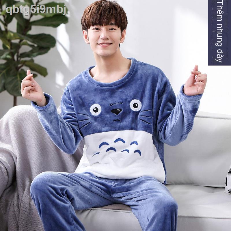 Đồ ngủ của nam giới mùa đông san hô nhung dày thêm hoạt hình thanh niên flannel ấm áp nhà phục vụ