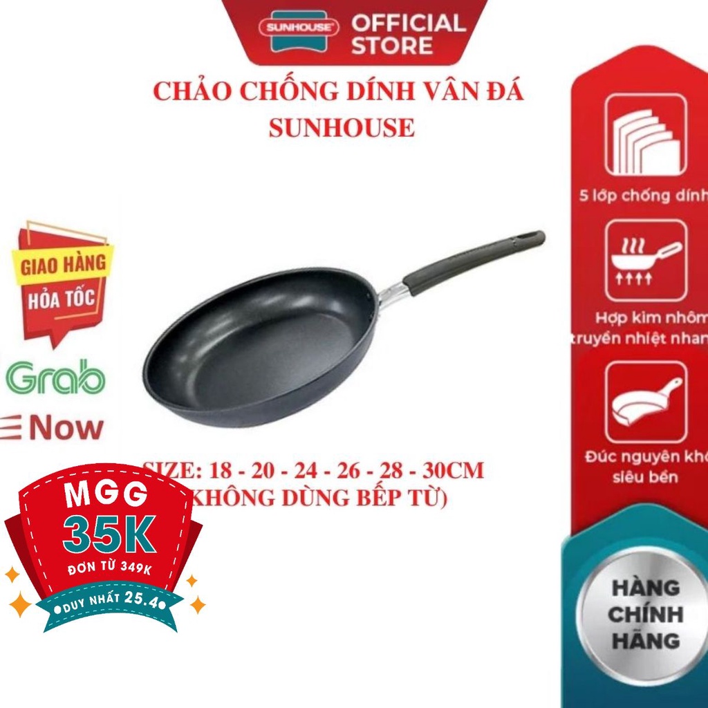 Chảo chống dính vân đá  SUNHOUSE 18 20 24 26 30 CM Hàng Mới 100% Bảo Hành Chính Hãng Toàn Quốc