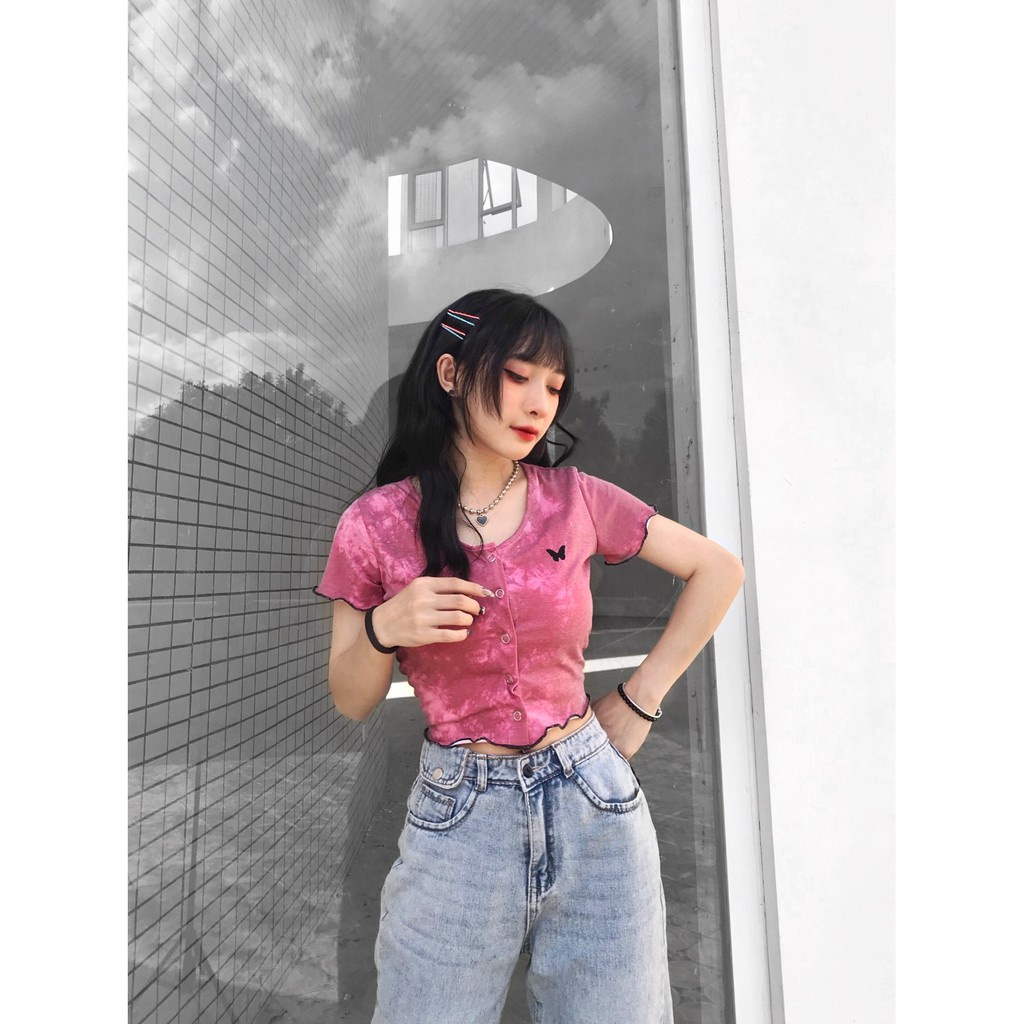 Áo Croptop Nữ Tay Ngắn Tiedye Butterfly In Loang Màu Ulzzang (Ảnh Thật)