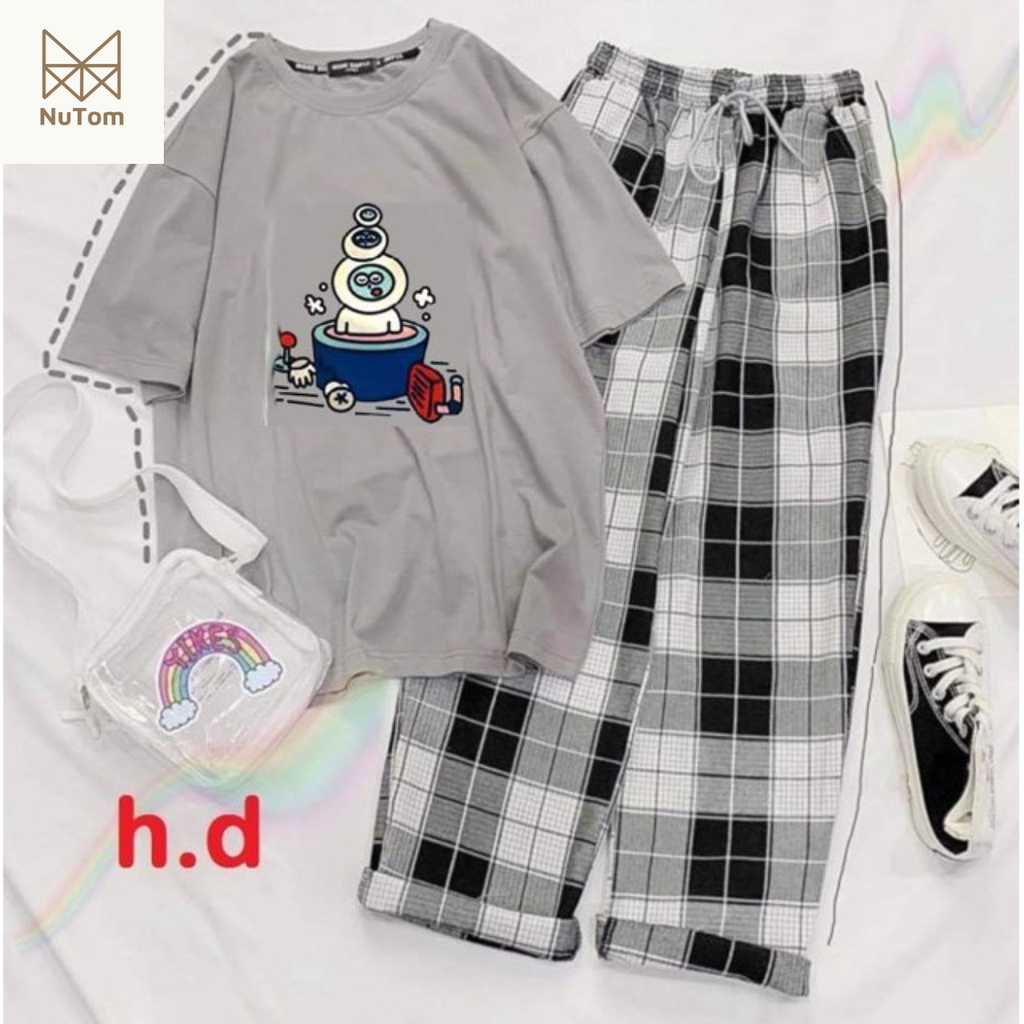Set Đồ Bộ Nữ Mặc 4 Mùa Mặc Ở Nhà Đi Chơi Đi Học , Áo Phông Thun Nữ Cotton In Độc Lạ Mix Quần Caro Ống Rộng