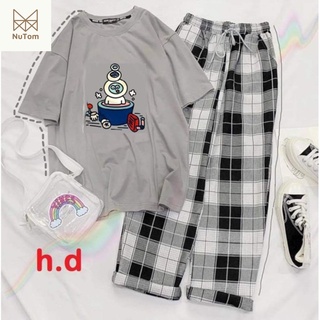 Set đồ bộ nữ mặc 4 mùa mặc ở nhà đi chơi đi học , áo phông thun nữ cotton in độc lạ mix quần caro ống rộng