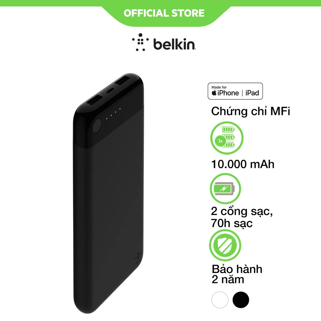 Pin sạc dự phòng Belkin 10.000 mAh đầu input Lightning - Hàng Chính Hãng - Bảo Hành 2 Năm F7U046bt