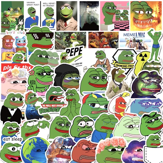 Sticker ếch xanh 30 cái ép lụa , anhr sticker dán ếch xanh pepe khách nhau