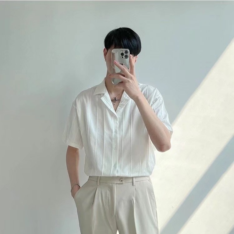 Áo Sơ Mi Lụa Tay Ngắn Dáng Rộng Phong Cách Nhật Bản Thời Trang Cho Nam