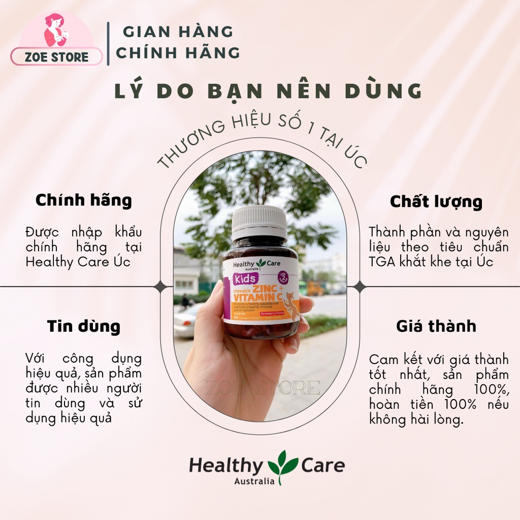 Viên nhai kẽm ZinC+Vitamin C Healthy Care cho bé  của Úc