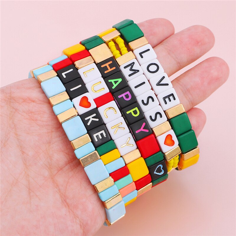 50-100 Hạt xỏ lỗ đôi bằng nhựa acrylic hình vuông in chữ làm trang sức thủ công