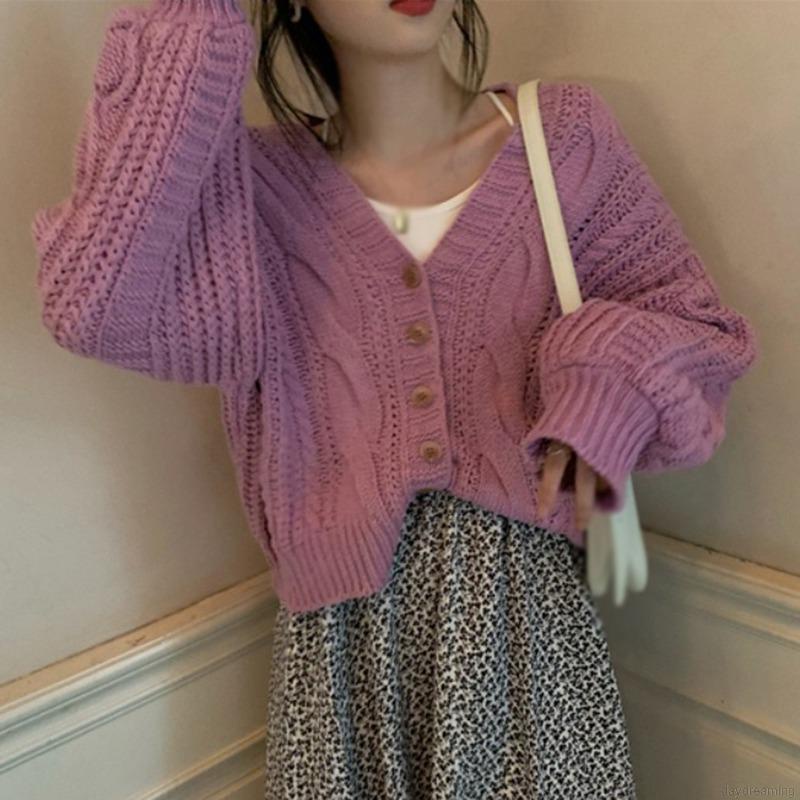 Áo khoác cardigan dệt kim tay dài cổ chữ V dáng rộng màu sắc đơn giản phong cách Hàn Quốc cho nữ