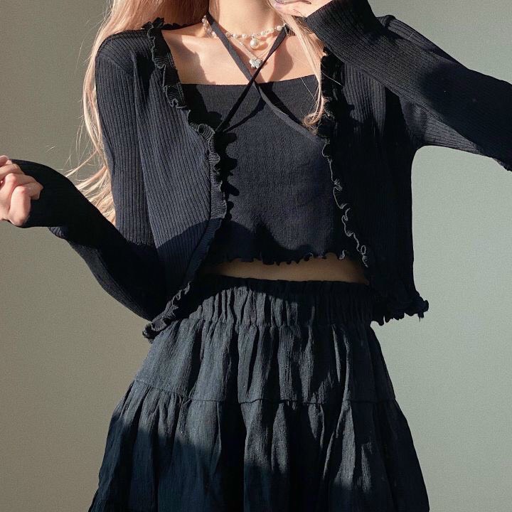Áo Khoác Croptop Tay Dài Phối Viền Bèo Dây Cột Kiểu Nàng Thơ