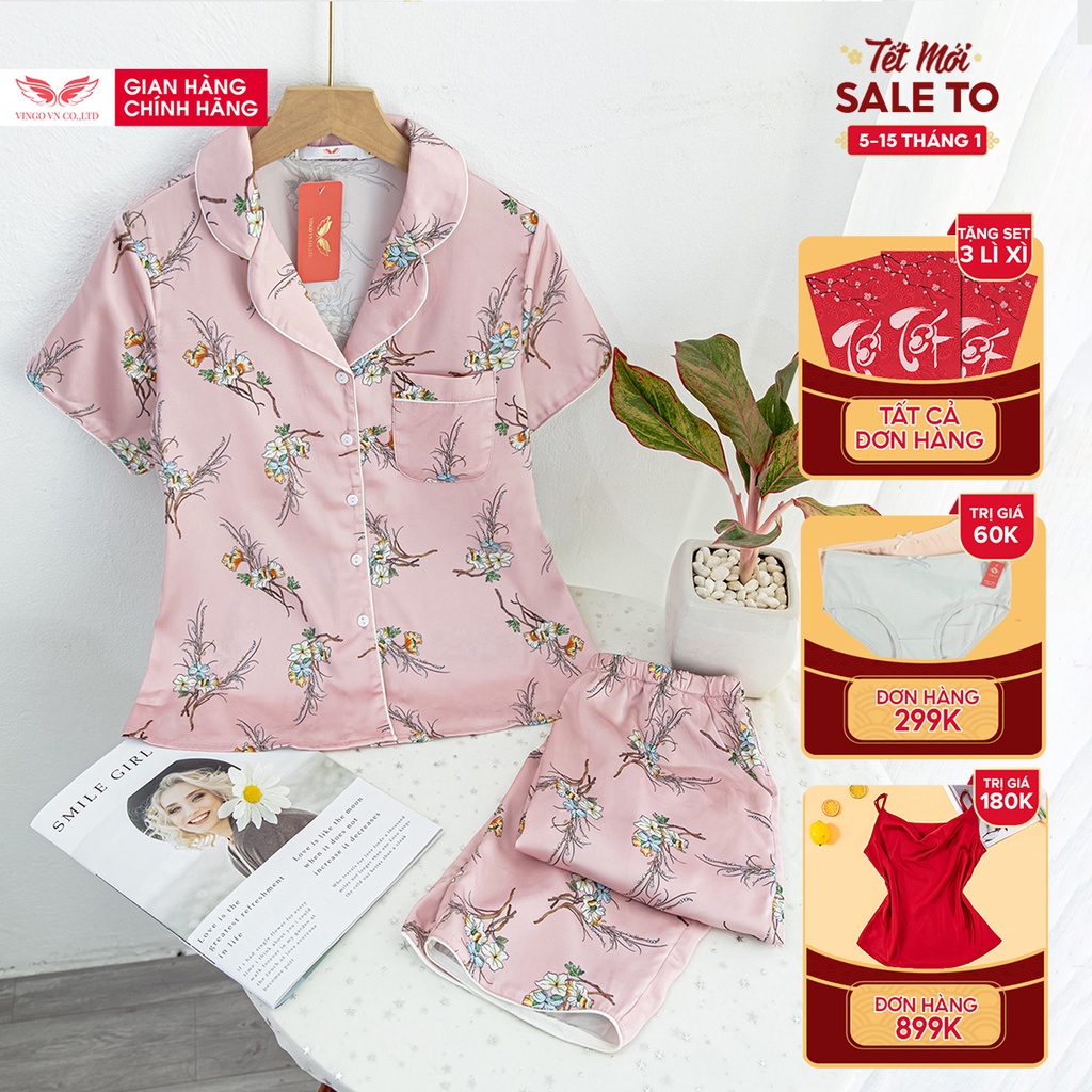 Bộ Pyjama Mặc Nhà Nữ VINGO Lụa Pháp Cao Cấp Tay Cộc Quần Lửng Họa Tiết Cành Hoa Tinh Tế Thanh Lịch H432 VNGO - TCQL
