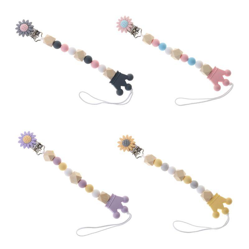 Dây Đeo Núm Ti Giả Bằng Silicon Cấp Thực Phẩm Gắn Hạt Gỗ / Hạt Gỗ / Hoa / Vương Miện Hoạt Hình Dễ Thương Cho Bé Sơ Sinh