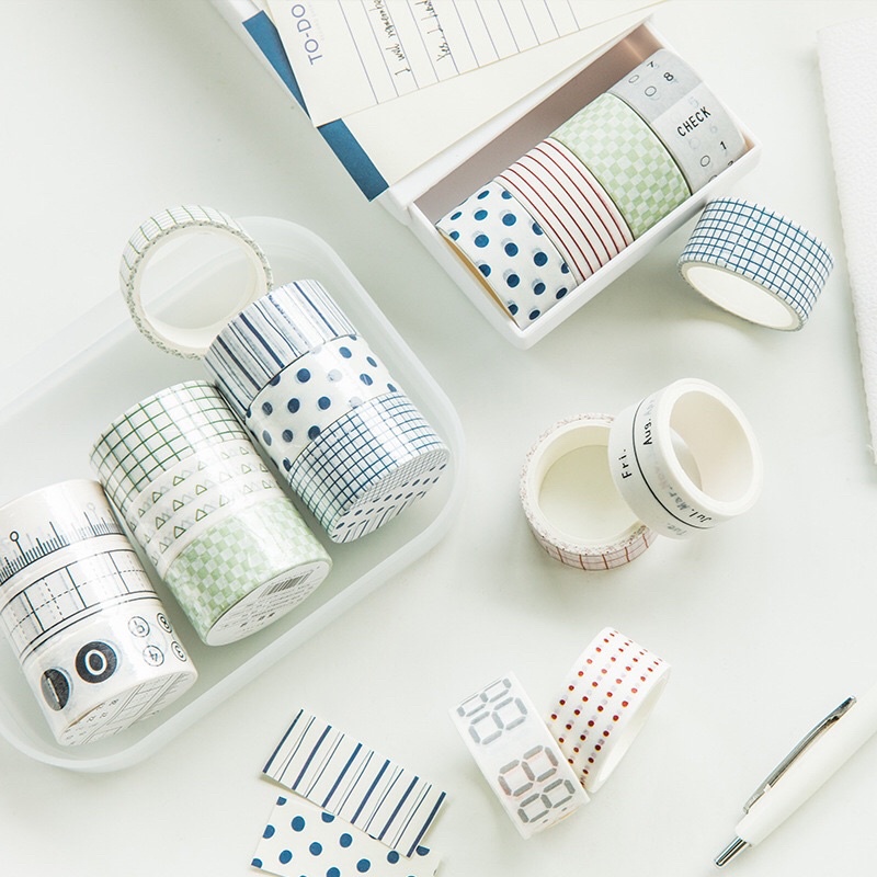 Set 3 cuộn washi tape theo tone màu hoạ tiết basic