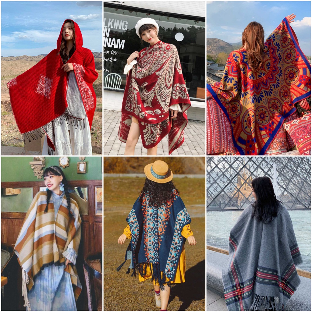 Khăn áo choàng boho thổ cẩm nữ thu đông Áo choàng len dạ dày poncho khoác ngoài - ACTH The Collar Box