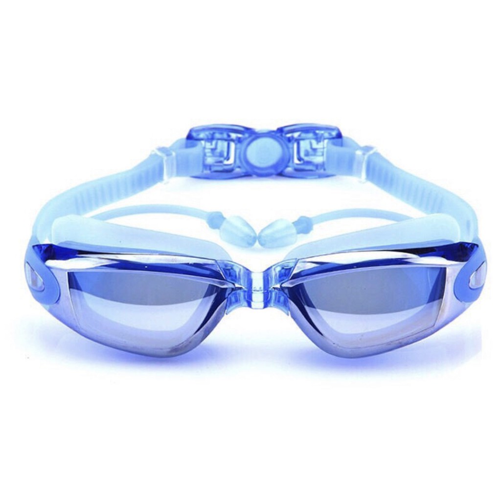 (GIÁ SỈ) Kính bơi tráng gương và mũ bơi màu xanh chống nước, chống mờ, chống tia UV (Bảo vệ mắt, có bịt tai).