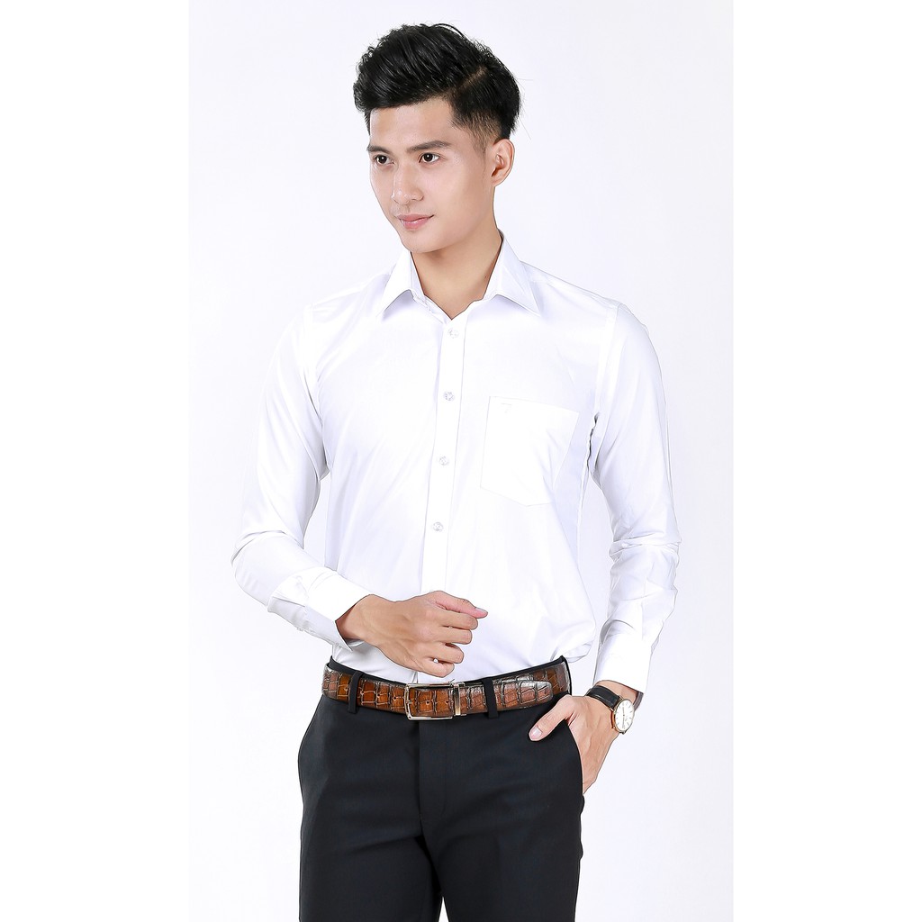 Áo sơ mi nam tay dài vạt bầu Slim Fit Vĩnh Tiến 360 - Màu trắng
