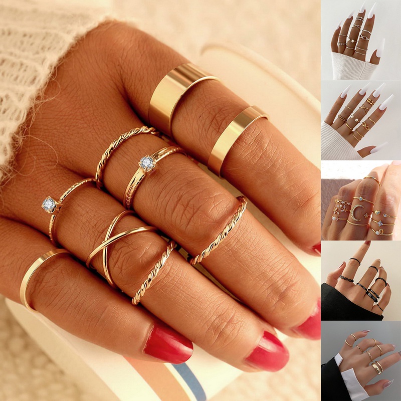 Set Nhẫn Đính Đá Ngọc Trai Nhân Tạo Phong Cách Bohemian Thời Trang