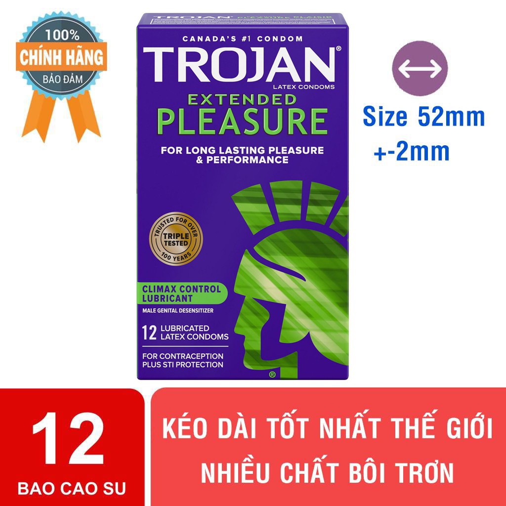 Bao Cao Su Cao Cấp Kéo Dài Quan Hệ Tình Dục Trojan Extended - 12 Cái [HÀNG NHẬP MỸ]