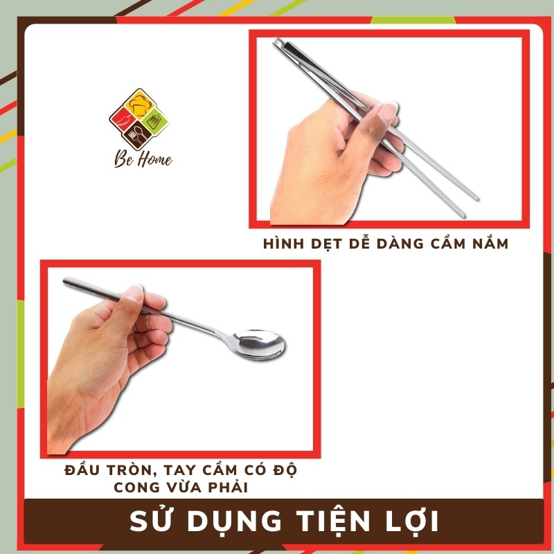 Bộ Đũa Thìa Inox BEHOME Đũa inox cán dài Thìa ăn cơm dẹt Hàn Quốc Sang Trọng - Chống trơn trượt [HÀNG CAO CẤP]