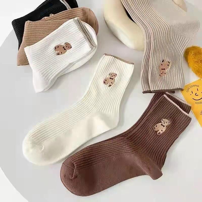 Set 6 Đôi Tất Cổ Cao Hình Gấu Người Lớn Mix Màu