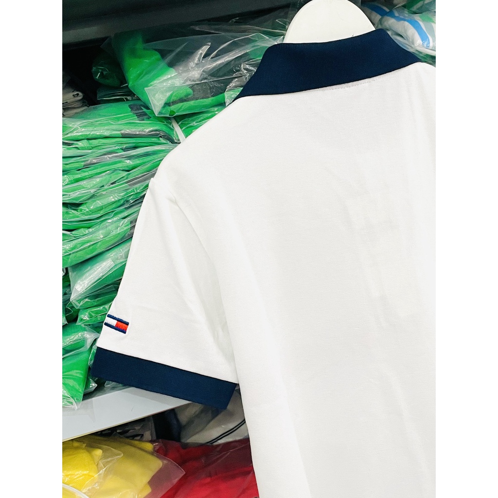 [HÌNH THẬT] ÁO THUN CỔ TRỤ TOMMY TRẮNG CỔ XANH VNXK   - COTTON CÁ SẤU 100%