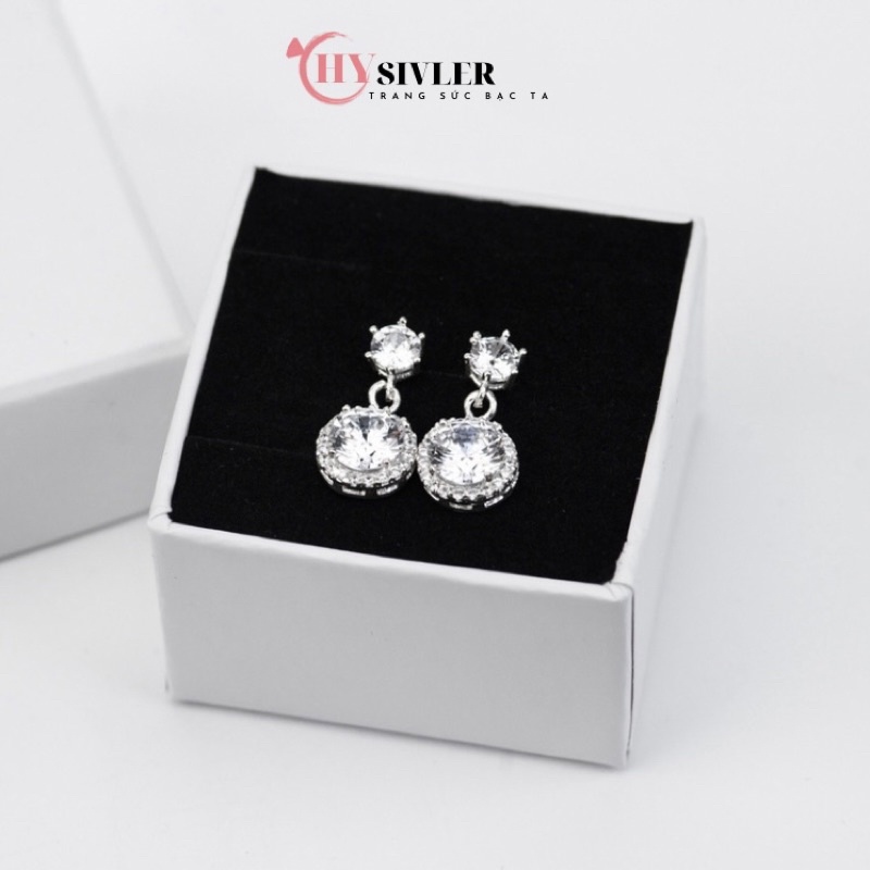 Đôi bông tai bạc ta đính đá sáng đẹp ổ đá tròn nữ tính dạng dài bông tai bạc thật giá rẻ CHY SILVER