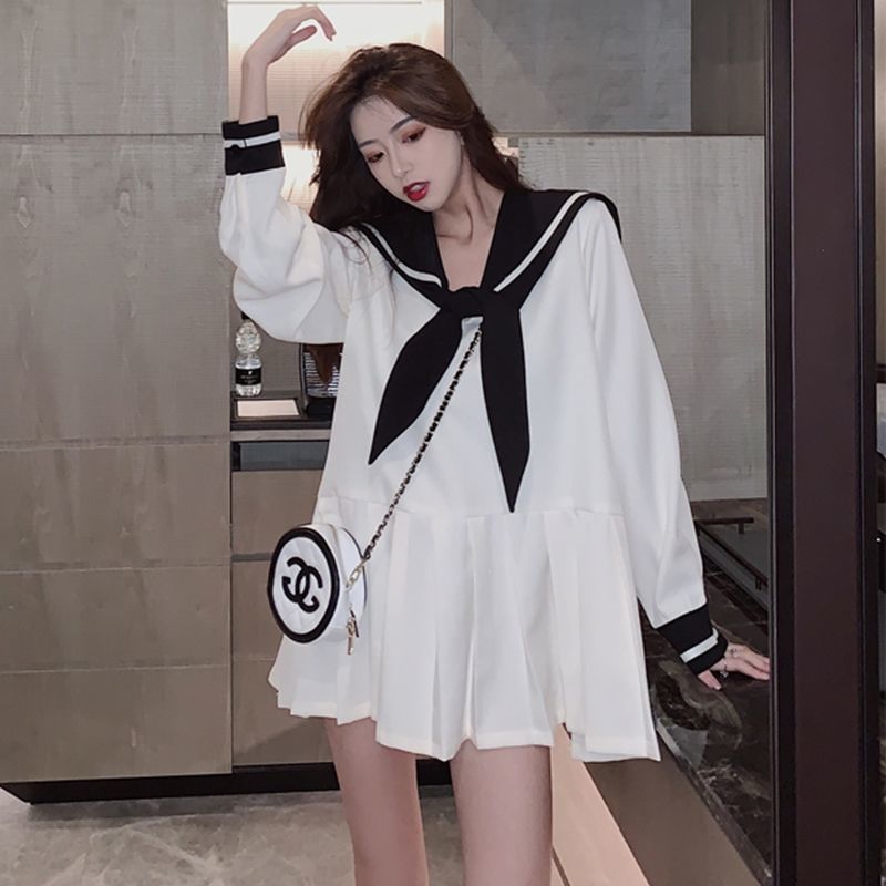 Đầm Dáng Chữ A Dài Tay Cổ Thủy Thủ Xinh Xắn Dành Cho Nữ