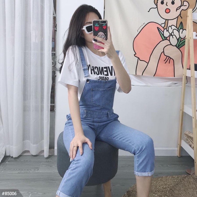 Quần dài yếm jean trơn phối túi hộp lớn - yếm bò ulzzang phong cách Hàn quốc - Hot trend