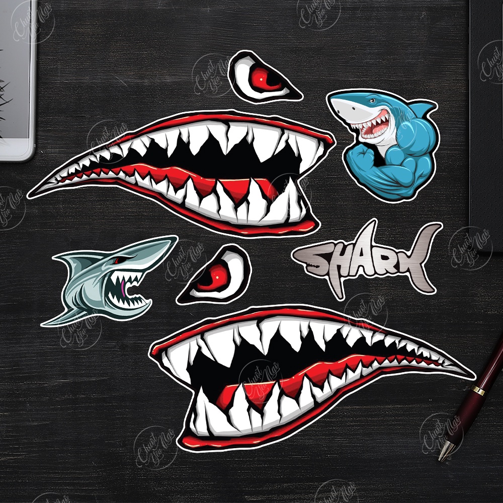 Bộ tem decal sticker hình dán Hàm Răng Cá mập trang trí xe chống nước