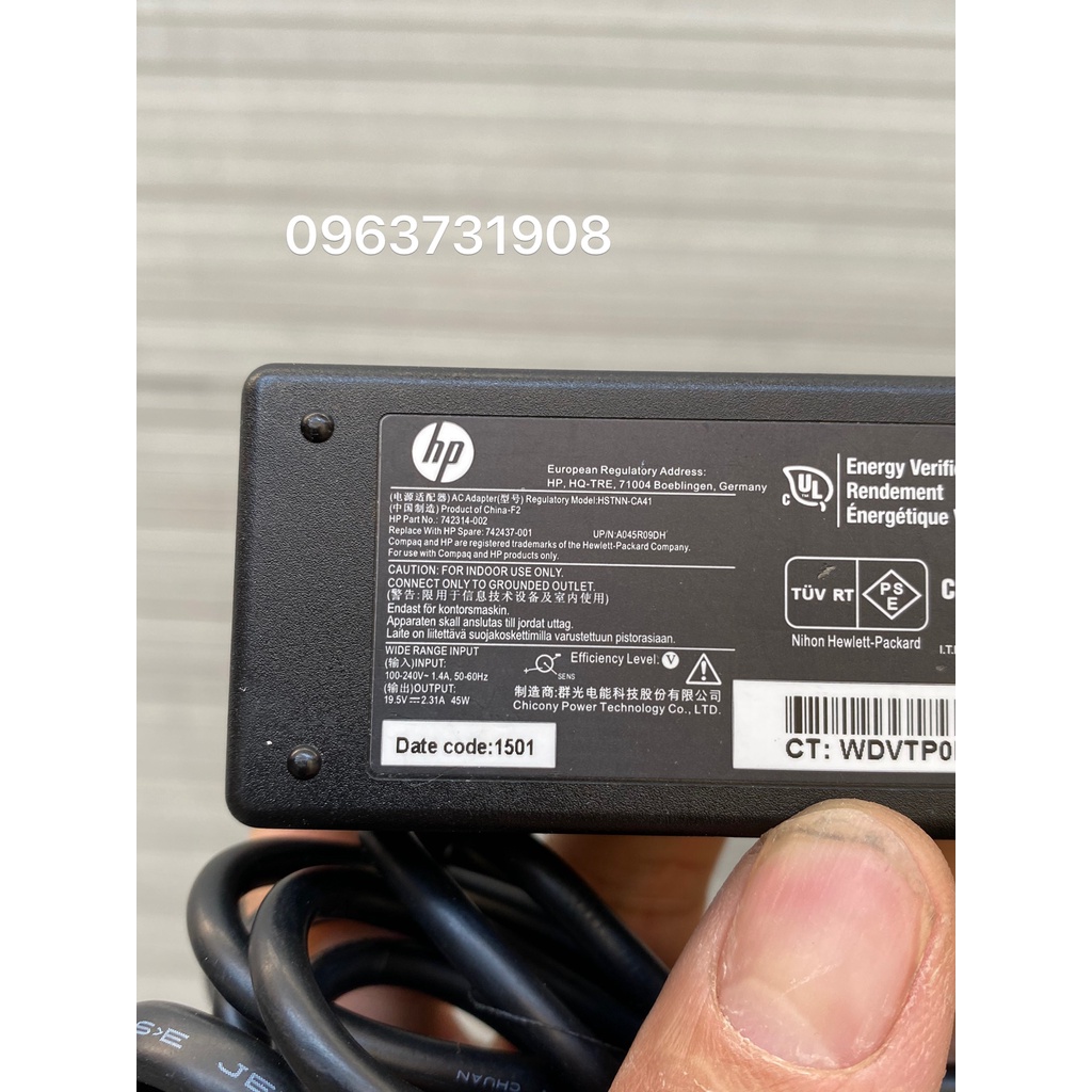 Cục sạc laptop HP 19.5V-2.31A 45W chân kim to hàng zin bóc máy HP