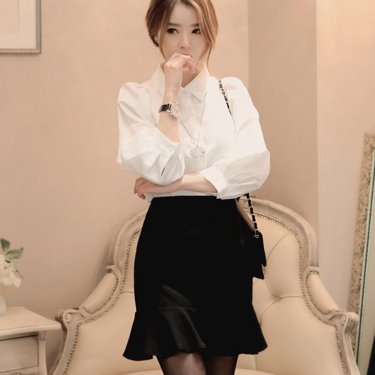 Áo sơ mi trắng nữ tay phồng lỡ công sở Madela phong cách Hàn Quốc-ASM02