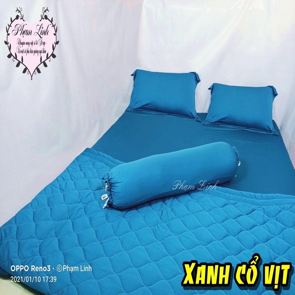 [Bộ 5 món] Bộ Drap-Ga trải giường và mền chần bông thun lạnh 4 chiều màu trơn [Xanh đen, Xanh cổ vịt]