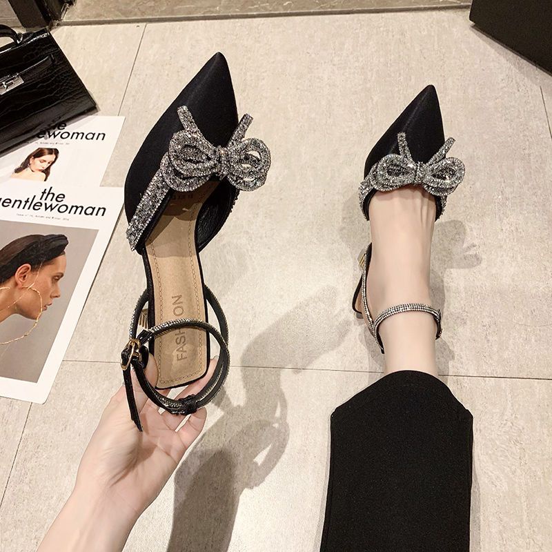 Giày Cao Gót Đính Đá Phối Nơ Xinh Xắn Dành Cho Nữ