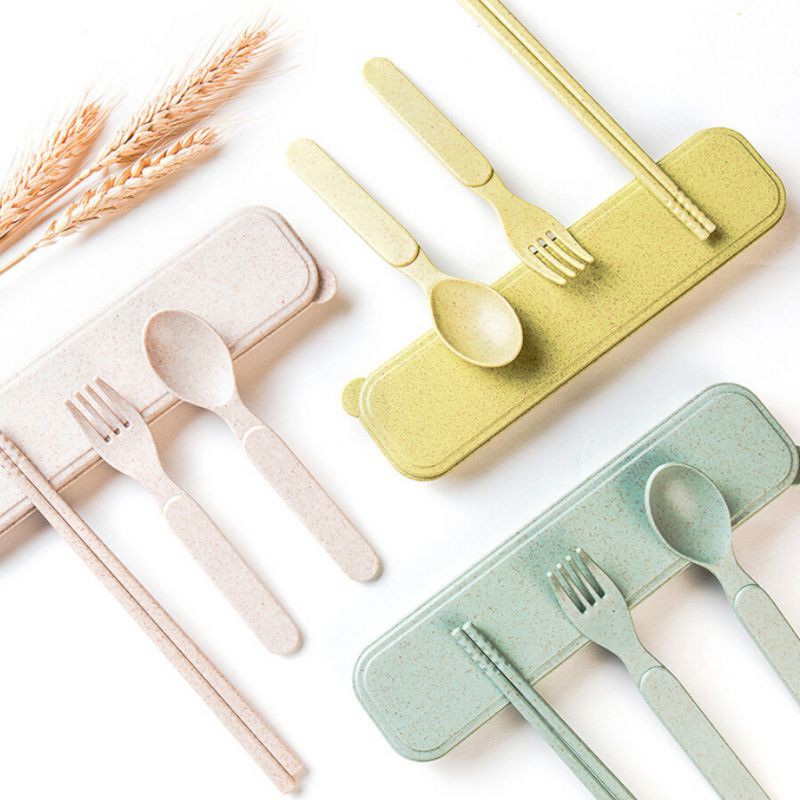 Wheat Straw Spoon Fork Chopsticks Three-piece Children Portable Cutlery Set