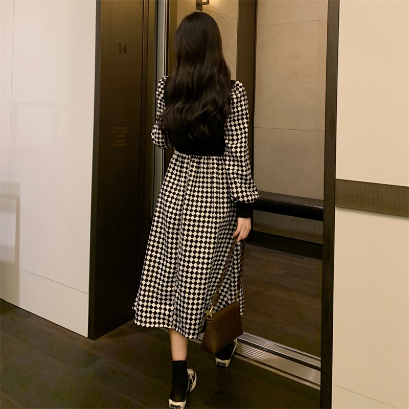 SUXI Đầm midi chữ A tay dài phong cách Hàn Quốc