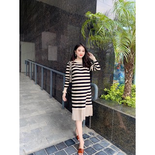 Váy bầu len xuông kẻ ngang gấu xếp ly