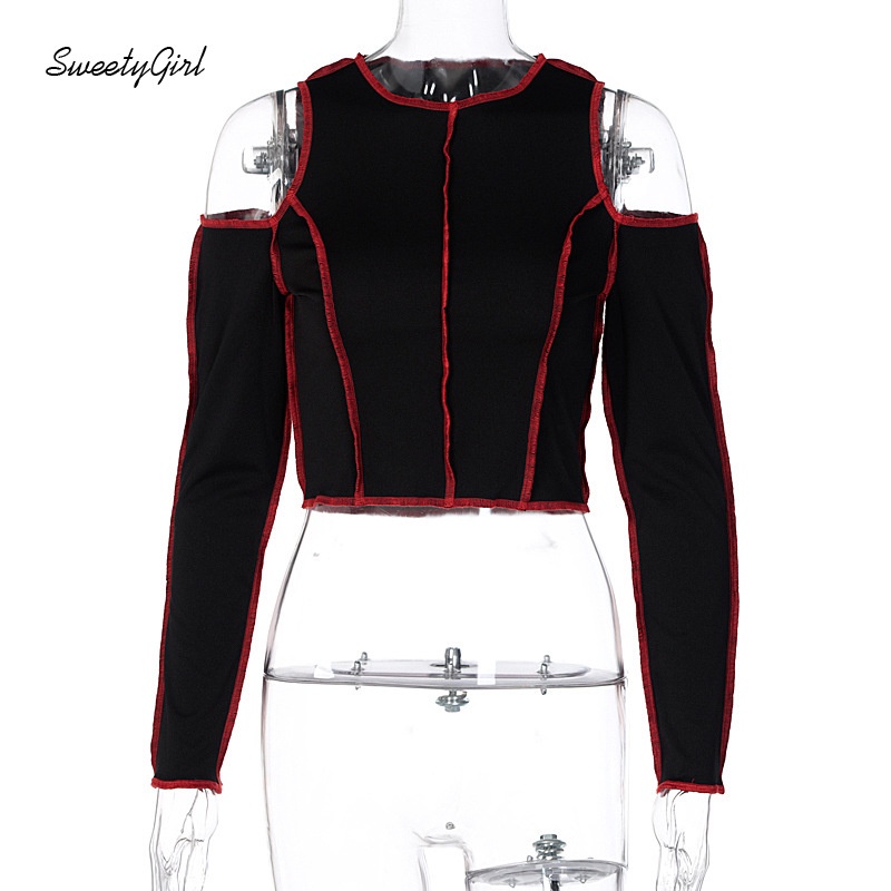 Áo Croptop Tay Dài Cổ Tròn Màu Tương Phản Thời Trang Dành Cho Nữ