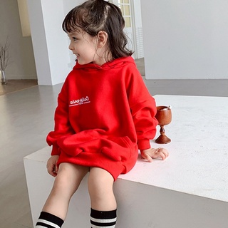 Áo nỉ lông cừu có mũ trùm đầu cho bé gái Quần áo mùa thu đông Thời trang trẻ em Dày ấm áp Áo dài cho bé gái Váy thường ngày [IU Bay Baby House]