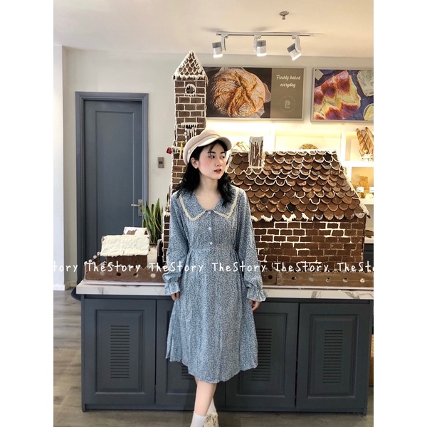 Đầm hoa nhí cổ bèo bạ ren, hàng nút trước ngực  D903